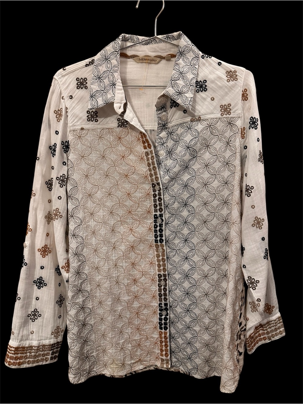 Soft Surroundings Cream Button-Down Shirt with Black & Brown Motifs. (Callout)